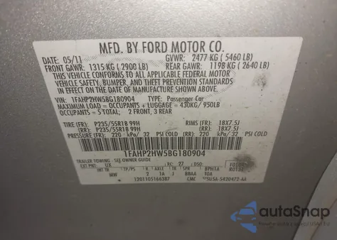 2011 Ford Taurus Sel from USA, damaged, VIN 1FAHP2HW5BG180904